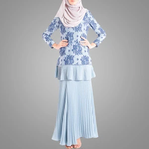Latest Design Lace Baju Kurung Moden Chiffon Pleated Skirt For Muslim Women Malaysia Traditional Islamic Clothing