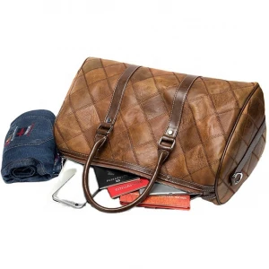 Leather men&#x27;s portable travel bag 100% genuine leather plaid retro men&#x27;s bag single-shoulder duffel travel bags handbags