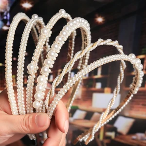 Luxury Daily Wear White Pearl Beaded Headband Handmade Elastic Pearl Bow Hair Accessories Hairband for Girls