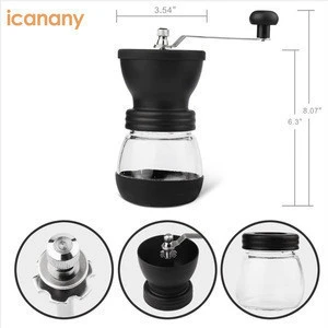 Manual Coffee Mill Grinder with Ceramic Burrs , Two Clear Glass Jars, Stainless Steel Handle and Silicon Cover