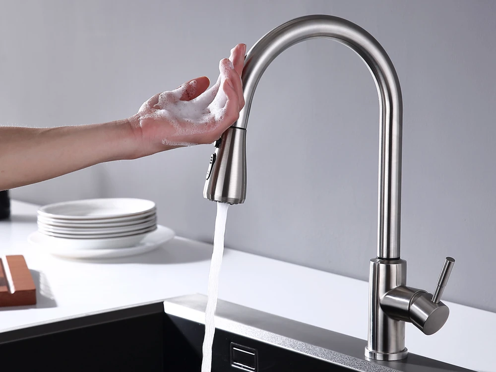 Matte Black sensor touch Kitchen Faucets Solid Brass Single Handle  Pull Down Sprayer Spring Kitchen Sink Faucet