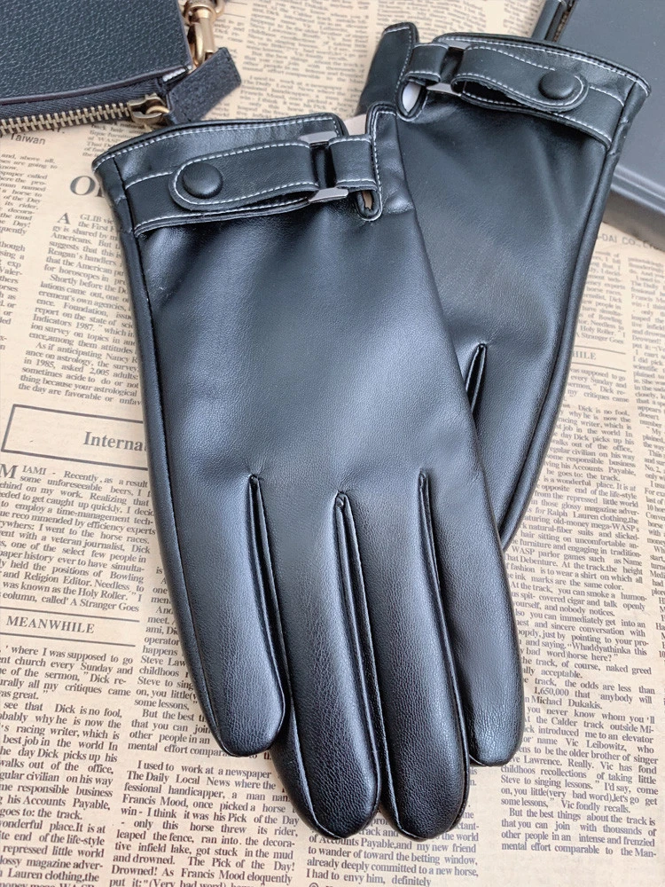 Men&#x27;s Winter Polyurethane Leather Thermal and Wind-proof Touch Screen Fashion Glove Locomotive Driving