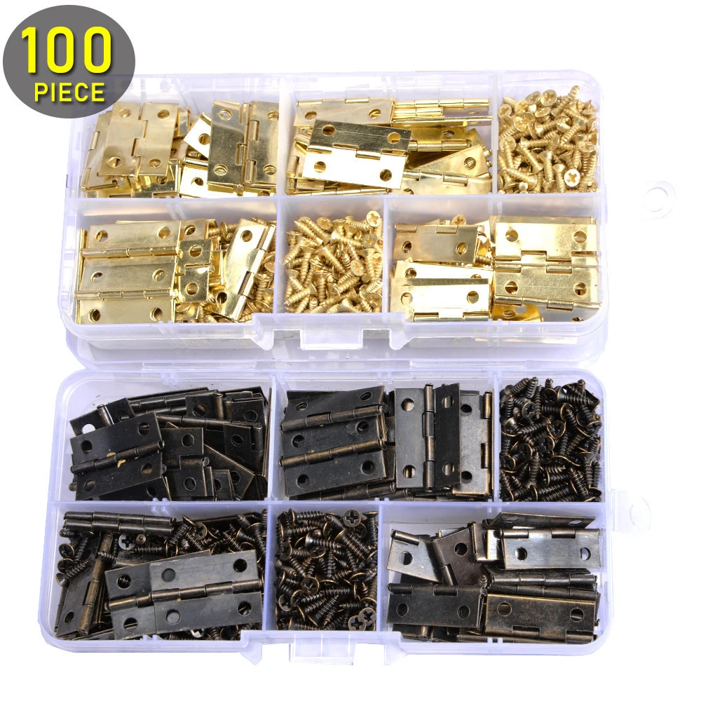 Mini Hinges Set with Screws Bronze or Golden Color Plastic Box For Woodworking Galvanized Steel Furniture Cabinet Hardware
