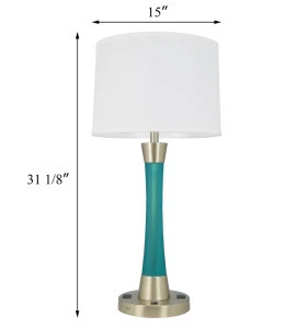 Modern Slim Table Lamp, Blue Resin Hotel Bedroom Reading Lamps with USB &amp; Outlet Brushed Nickel Desk Lamp with Fabric Shade