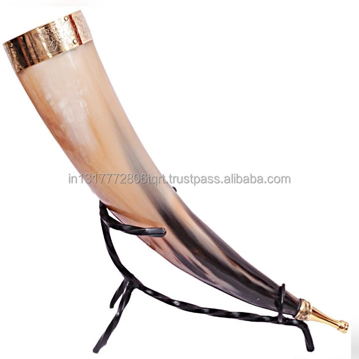 NATURAL VIKING DRINKING HORN WITH HORN STAND ROUGH WITH BRASS RIM ON TOP ROUGH DRINKING HORN