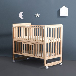 OEM Multi-functional solid wood baby crib with wheels storage drawer kids bed
