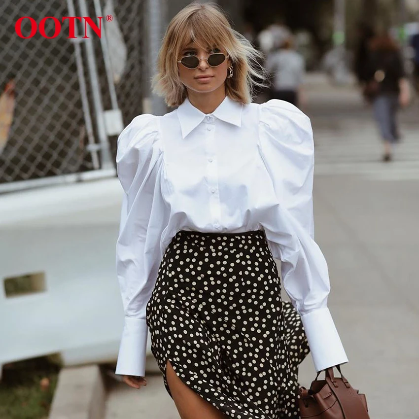 OOTN Turn Down Collar Womens Tops And Blouses Botton Women Shirts Office Lady Ladies Work Wear Elegant White Puff Sleeve Blouse