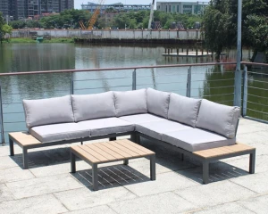 Outdoor Patio Lounge Waterproof Fabric Aluminium L Shape 3 Pieces Corner  Sofa Set with Cushion and Table