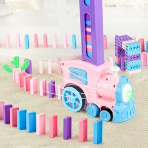 Pink Domino Train 80PCS Blocks Rally Electric Toy Set Macaron Color Train Model with Lights and Sounds Construction Toys