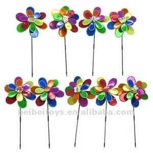 Plastic 12-Petal Color Flower Double Wheel Garden Wind Spinner, Mini Toy Windmills, Yard Pinwheel