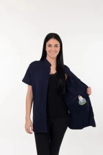Post Mastectomy Shirt Band Collar Button Down Blouse with Drain Pockets Drainage Management