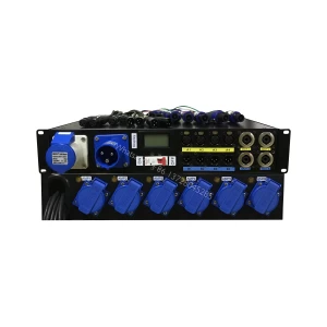 Power distribution equipment rack box with line array speaker system