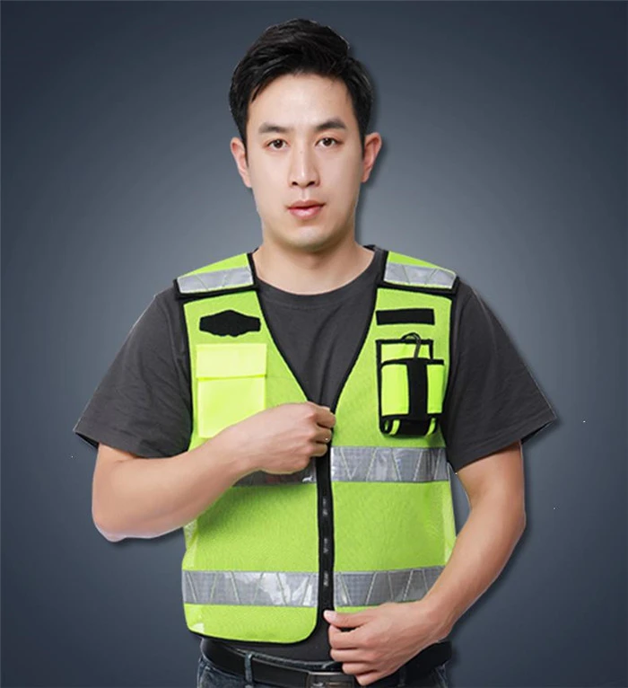 Reflective vest fluorescent yellow mesh fabric multi-pocket riding hot-pressed reflective vest