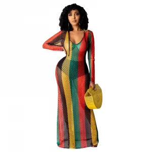 RX-4224 Good quality hollow out color summer clothes ladies night club dress see through night mesh rainbow sexy club dress