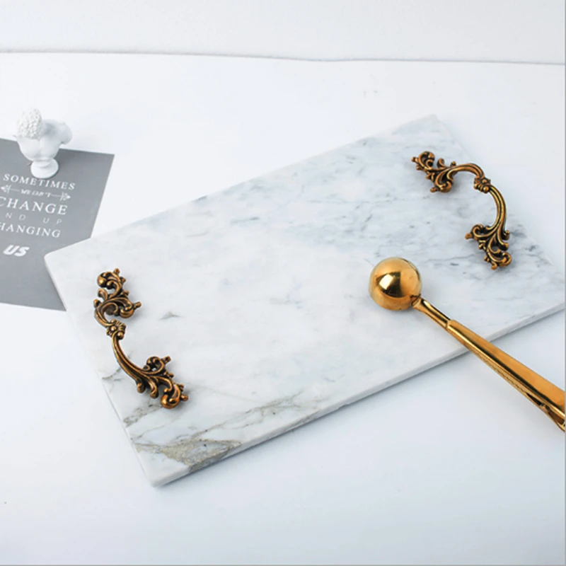 Serving Tray with Nature Marble Stone for Restaurant with Gloden Handle