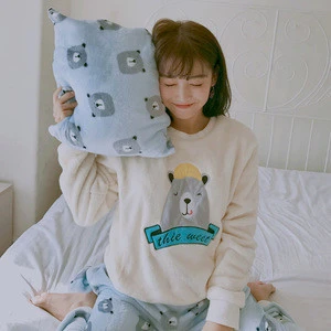 Smmoloa Winter Flannel Cartoon Pajama Women Pajama Sets Sleepwear