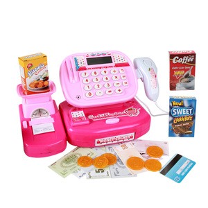Toy Cash Register ,Kids Pretend Play Set with Microphone Scanner Weighing platform Play Money