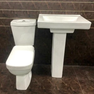Two Piece Water Closet Ceramic Sanitary Ware 2 Piece Toilet Seat with Wash Basin Lavabo Sink Stand Pedestal Set