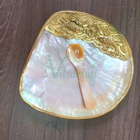 Vietnam Mother of pearl Tray, Caviar Dish and Caviar Spoon, Mother of Pearl Cutlery Set with Gold trim-Fish Shape