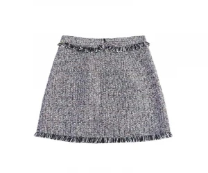 Vintage design patchwork color women short a line tweed skirt with tassels