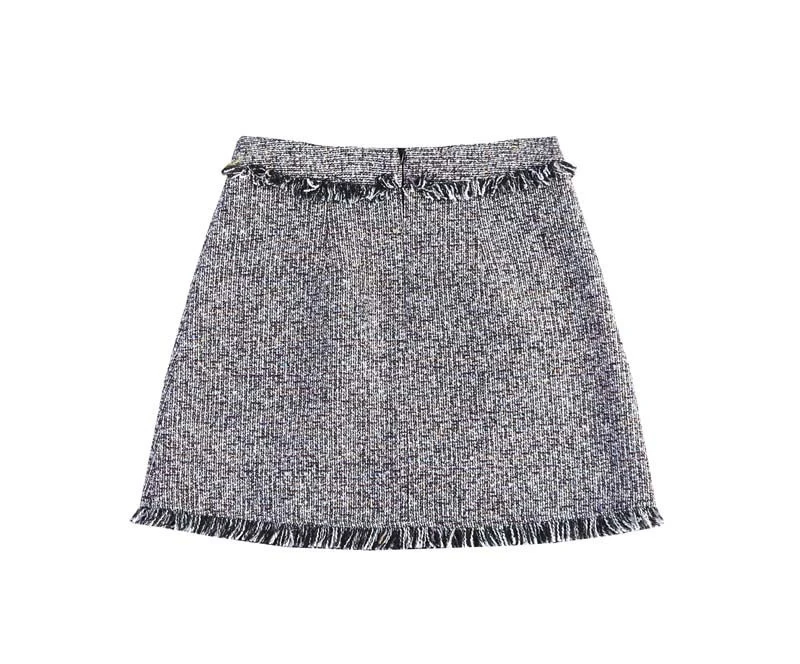 Vintage design patchwork color women short a line tweed skirt with tassels