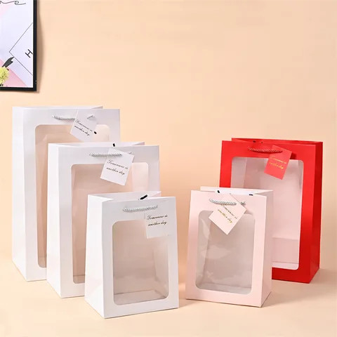 Wholesale High quality transparent handbag window pure white large paper bag bouquet bag Birthday window gift bag