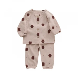 Wholesale Organic Cotton Waffle Knit Baby Clothes Set Baby Long Sleeve Set Fashion Button Waffle Baby Clothes