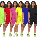 Wholesale yoga leggings gym stretch cotton polyester crop top plain two outfit 2 piece biker shorts set women with shirt top
