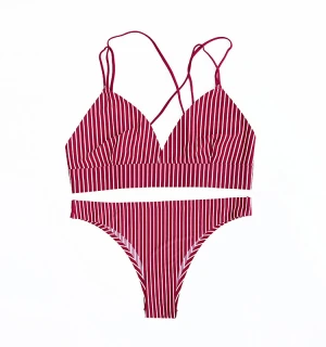 Womens Red striped bra 2 pieces Cross strapless bra set Seamless Breathable bra set