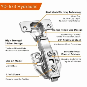 YOUDO Stainless Steel Cabinet Hinge Clip On Hydraulic Buffering Hinge Concealed Soft Close Furniture Hinges