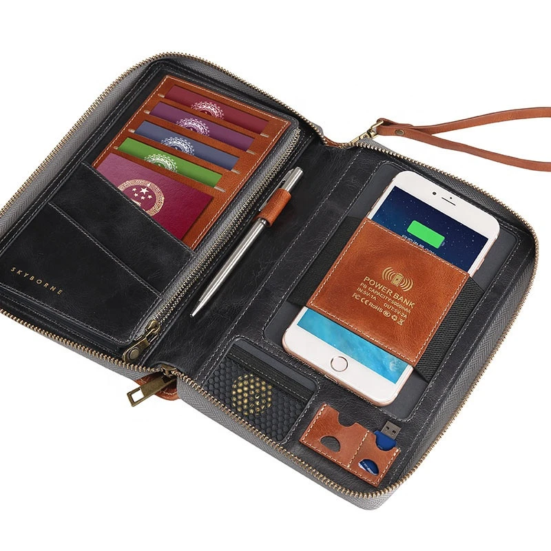 zippered genuine leather power bank wallet with wireless charging men&#x27;s real leather wallet long