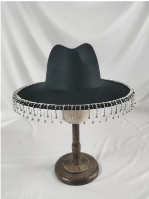 felt large brim panama hat with rhinstone chain