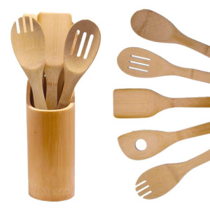 6pcs bamboo utensils set with holder bamboo kitchen cooking spatula set