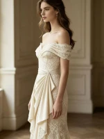 High-end cream-white French-style wedding dress - figure-hugging V-neck one-shoulder lace evening wedding and engagemen