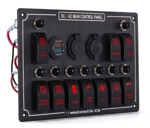 10 Gang Circuit LED Car Marine 5 Pin Boat Rocker Switch Panel with Fuse Dual USB Slot LED Light + Power Socket Breaker Voltmeter for RV Car Boat