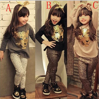 16IHJ495 Girls black long-sleeved leopard print trousers Two-piece suit little girl fall kids clothing