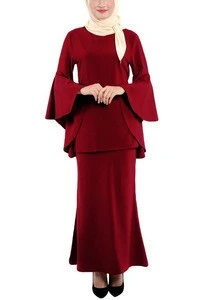 2019 EID Lady Baju Kurung Flared Sleeves Fashion Solid Color Malaysia Clothing