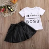 2020 Summer girls clothing white mini t-shirt black pu skirt 2pcs baby girls outfits trendy kids clothing sets