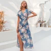 2020 V neck Boho Dress Women Floral Print Wrap Strap Beach Dress Casual Ladies Slim Fit Holiday Spring Summer Dress