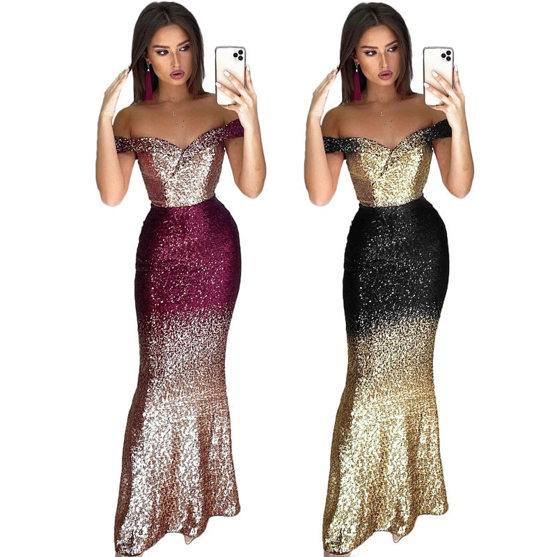 2021 Fashion Sexy Women Lady Elegant Off Shoulder Prom Cocktail Long Party Sequin Evening Dresses
