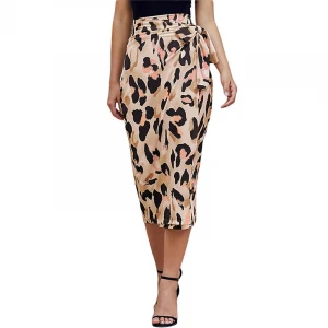 2021 New Summer Leopard Print Satin Wrap Belt Wrap Women Midi Skirt