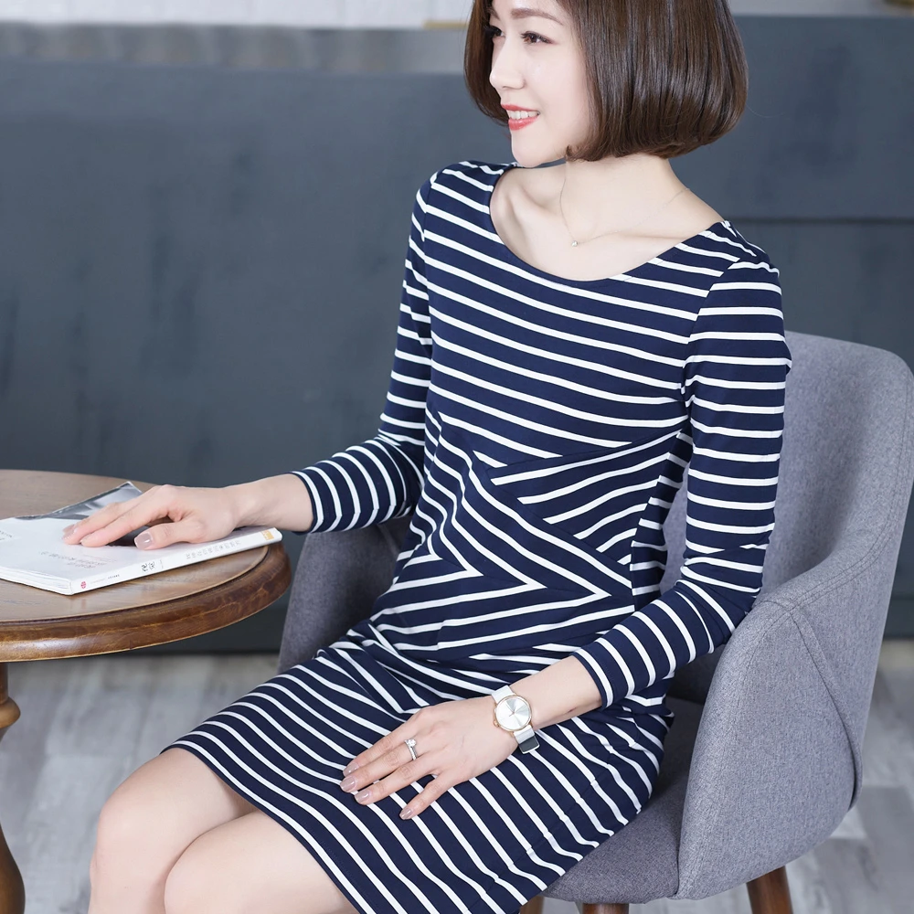 2021 spring and summer new dress Korean version was thin in the long striped dress short-sleeved dress summer