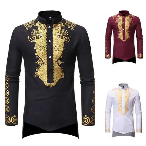 2024 New Design Middle Eastern Style Muslim Toga Mens Personalized Bronzed Mid-Length Long Sleeved Shirt