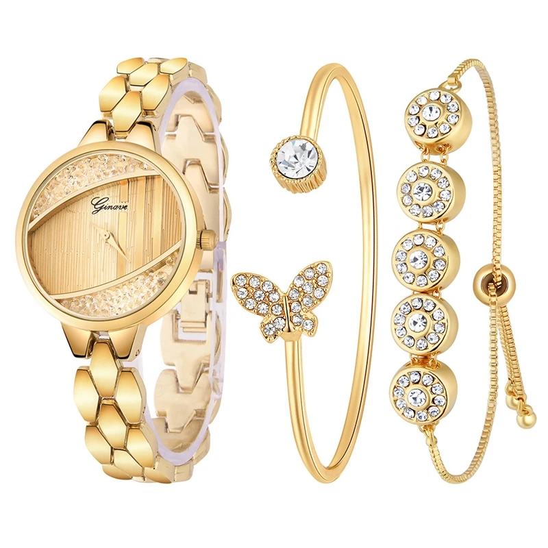 3 PCS set Ginave Watch Women Rose Gold Diamond Bracelet Watch Luxury Jewelry Ladies Female Girl Hour Casual Quartz Wristwatches