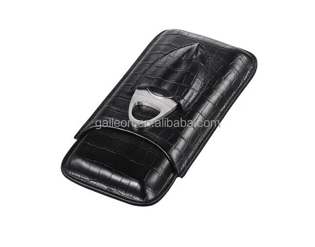 3CT Crocodile Pattern Leather Travel Cigar Case Humidor With Cigar Cutter Genuine Leather Cigar Case