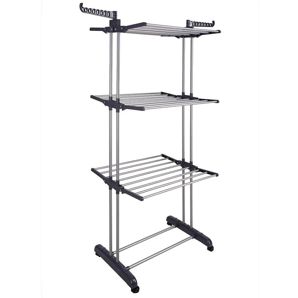 BAIYEA Foldable 3 Tier Clothes Drying Rack Rolling Collapsible Laundry Dryer Hanger Stand Rail Indoor Outdoor - Gray
