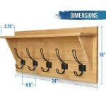 Bamboo Wall Mounted Coat Rack With Shelf Entryway Shelf with 5 Rustic Hooks