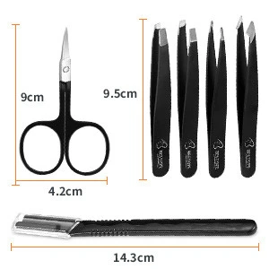 Bestope Amazon Choice Beauty Tools Black Customize Slanted Stainless Steel 6Pcs Eyebrows Tweezer Scissors Set
