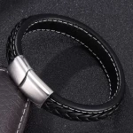 BRJSF00001D 12MM Wide Punk Mens Heavy Genuine Leather Seam Braided Bracelets Bangle Magnetic Buckle: Black+Silver