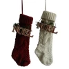 Burgundy and Ivory White 14&quot; Christmas Tree Knit Stockings Christmas Gift Bag with Wooden NOEL Sign Vintage Hanging Decoration